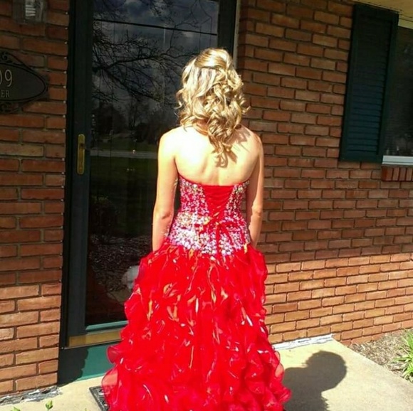 Party Time red, high-low gown ( right leg shows). - Picture 3 of 4